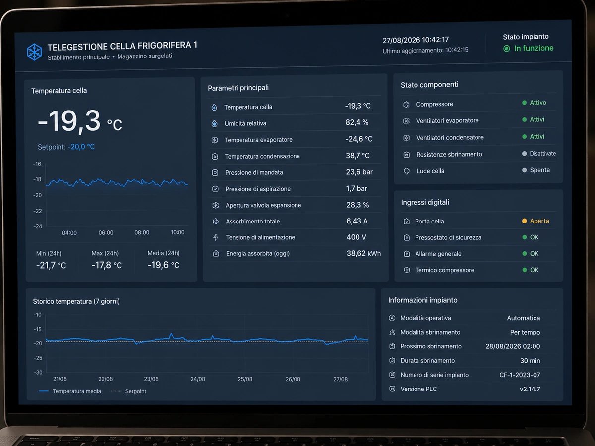 Dashboard di telecontrollo di una cella frigorifera con temperatura e stato dei componenti