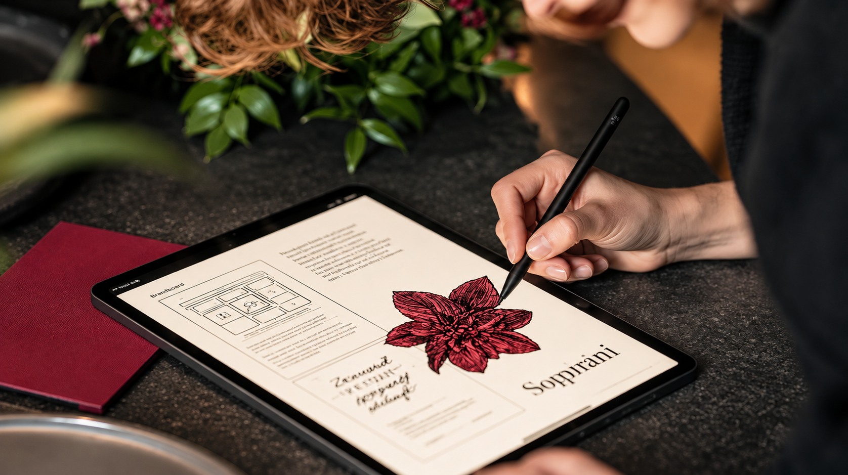 Person drawing a flower on a tablet beside work materials