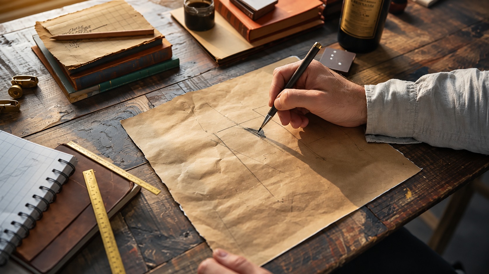 Hand sketching a layout on paper at a desk with books and work tools