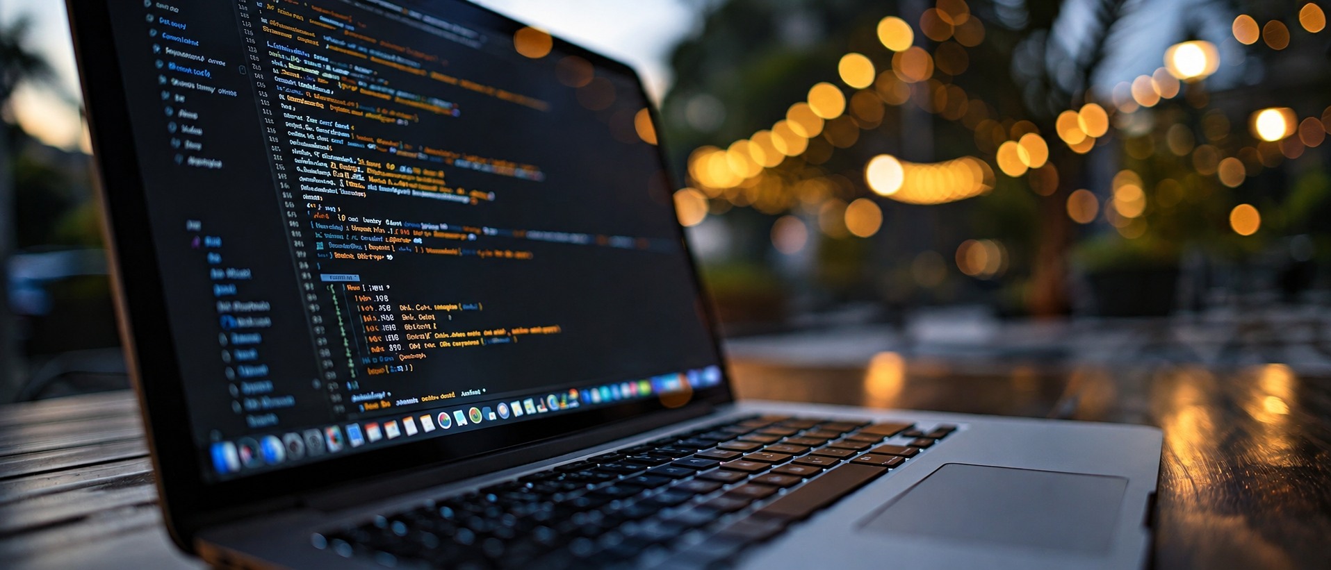 Laptop displaying source code with blurred lights in the background