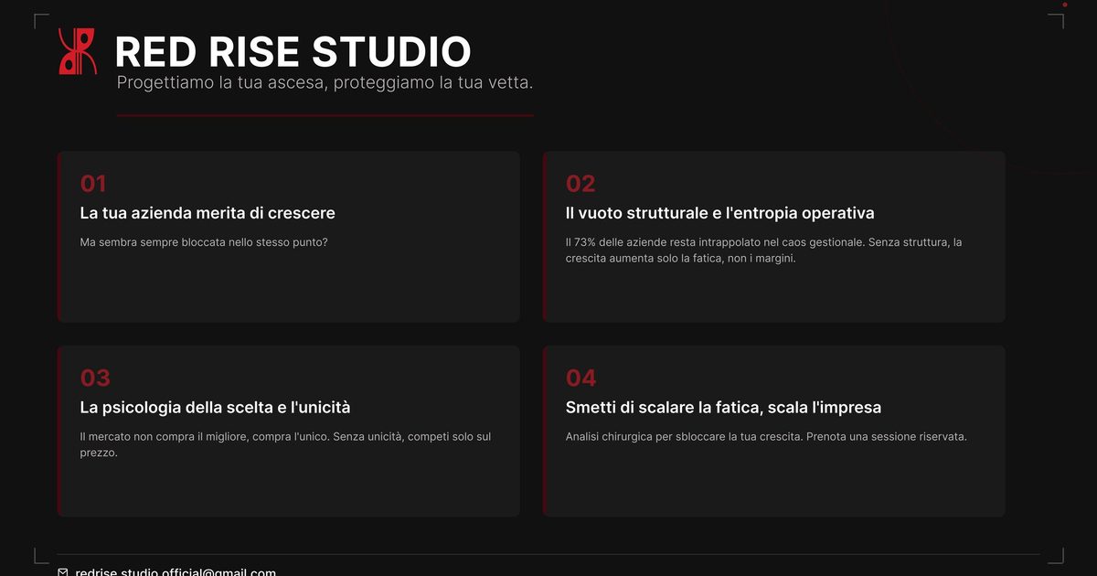 Red Rise Studio: slide di presentazione del brand con i pilastri strategici dell'agenzia