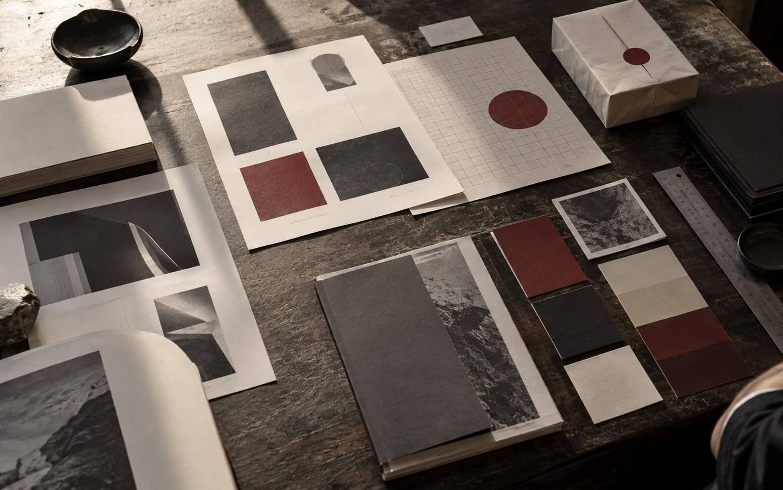 Printed materials, grids and type tests on a studio table