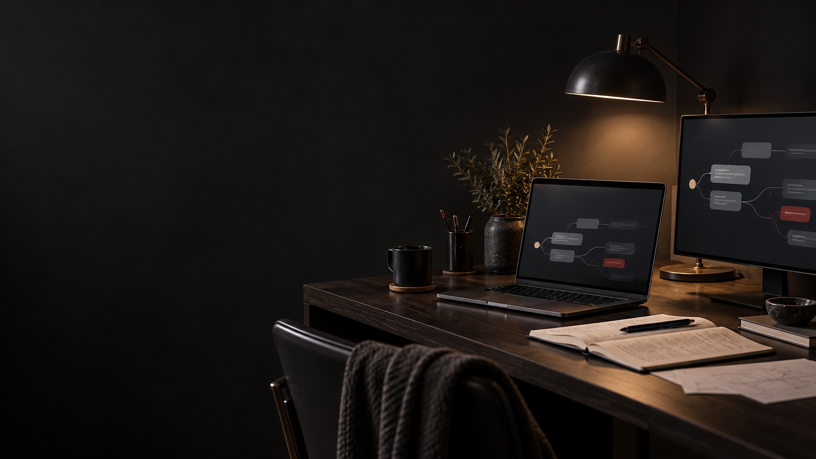 Workspace with abstract conversational flows on a laptop and monitor