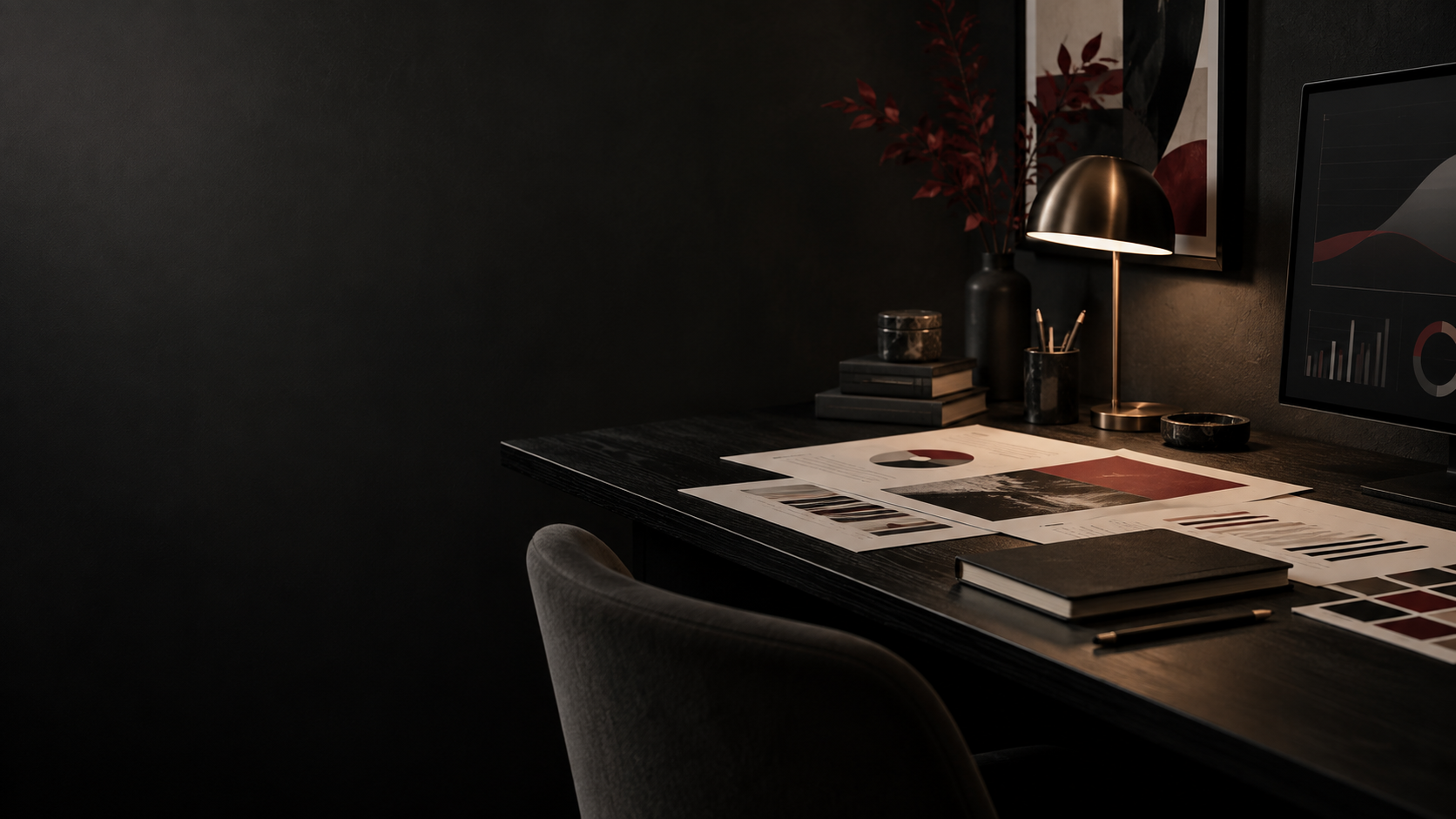 Workspace con materiali di campagna, grafici astratti e campioni colore