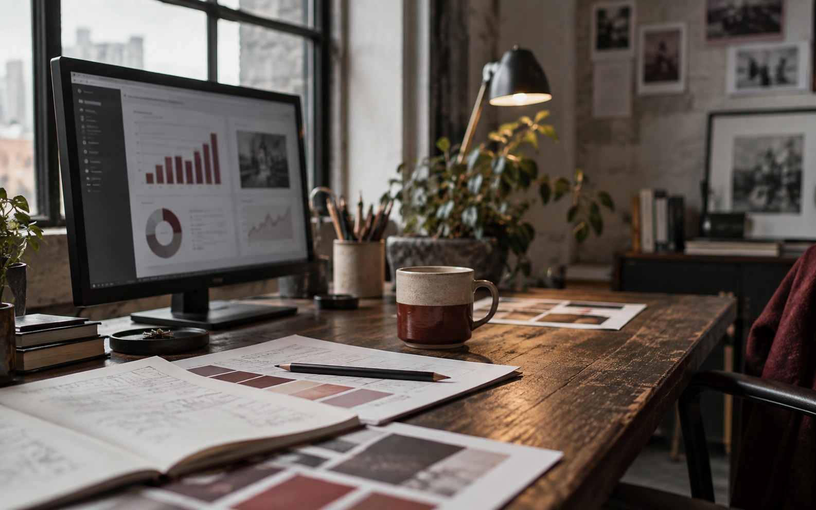 Editorial workspace with monitor, planning and marketing data analysis