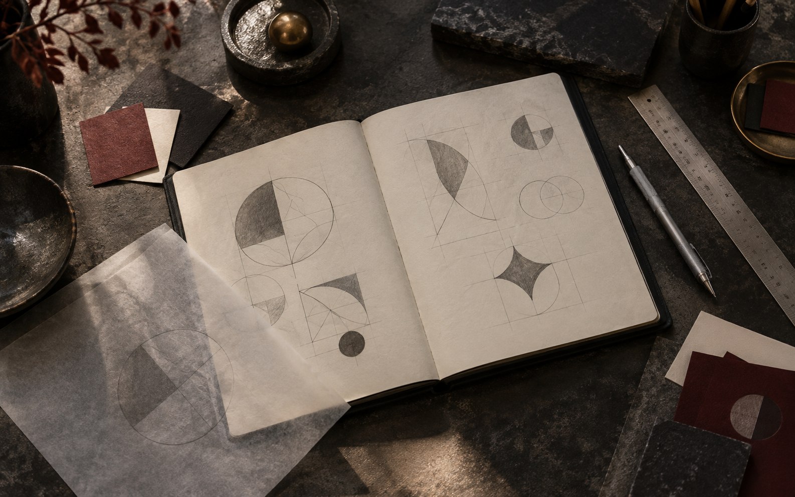 Sketchbook with geometric logo studies and color samples