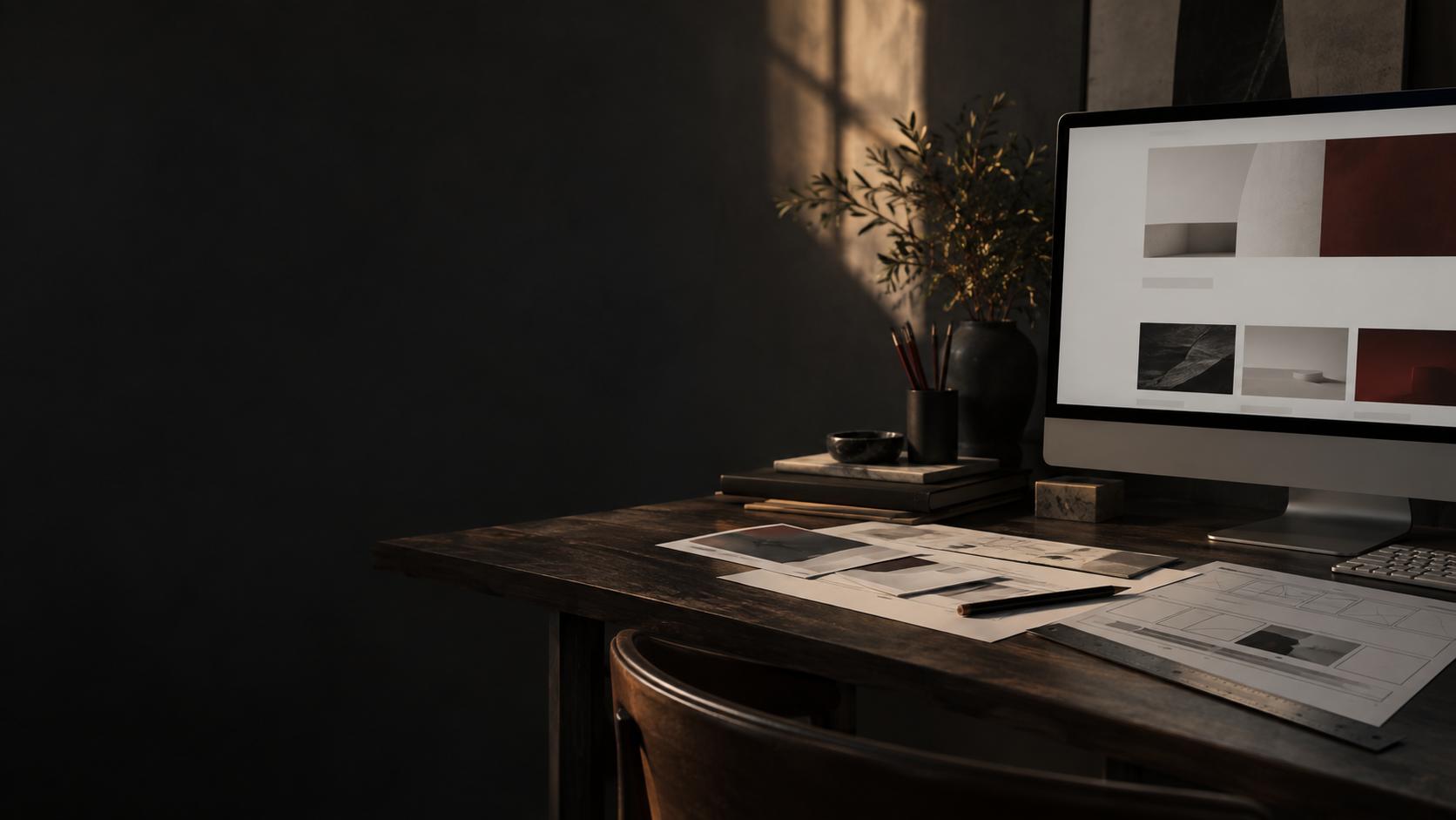 Monitor with an abstract web composition and printed wireframes on a desk