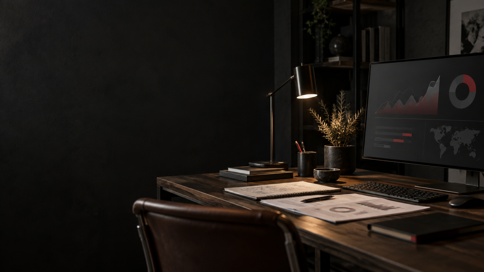 Dark workspace with a monitor showing abstract charts and analysis materials