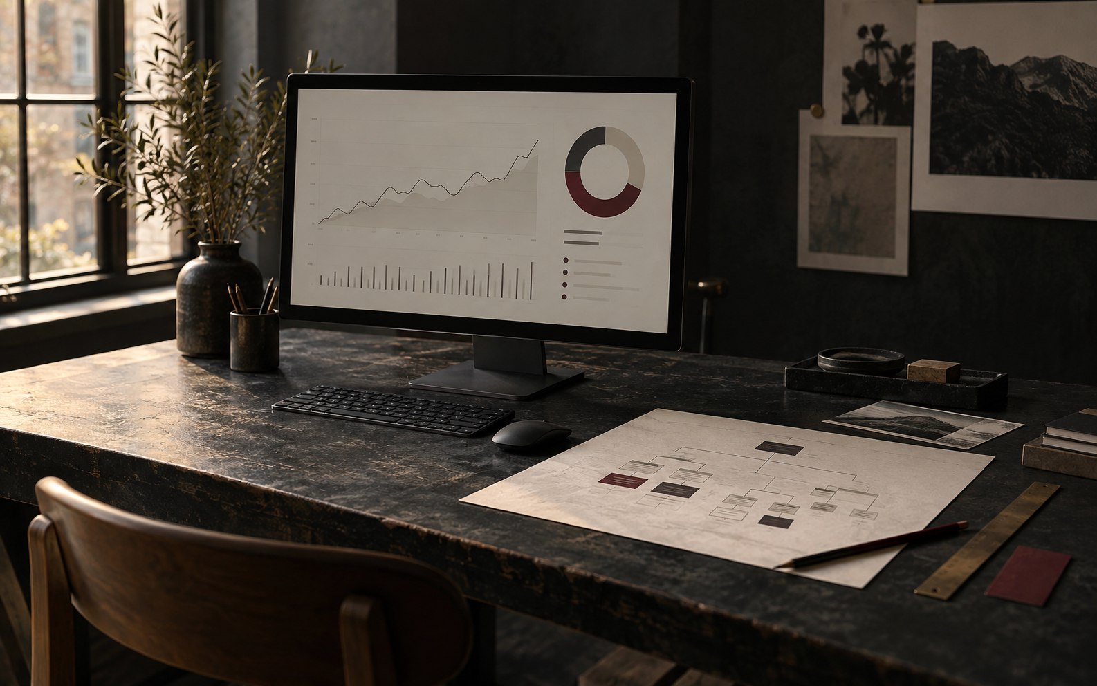 Monitor with an organic search chart and a website architecture map