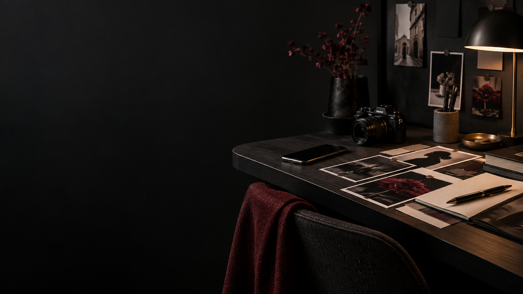 Workspace editoriale con fotocamera, smartphone e composizioni visive stampate