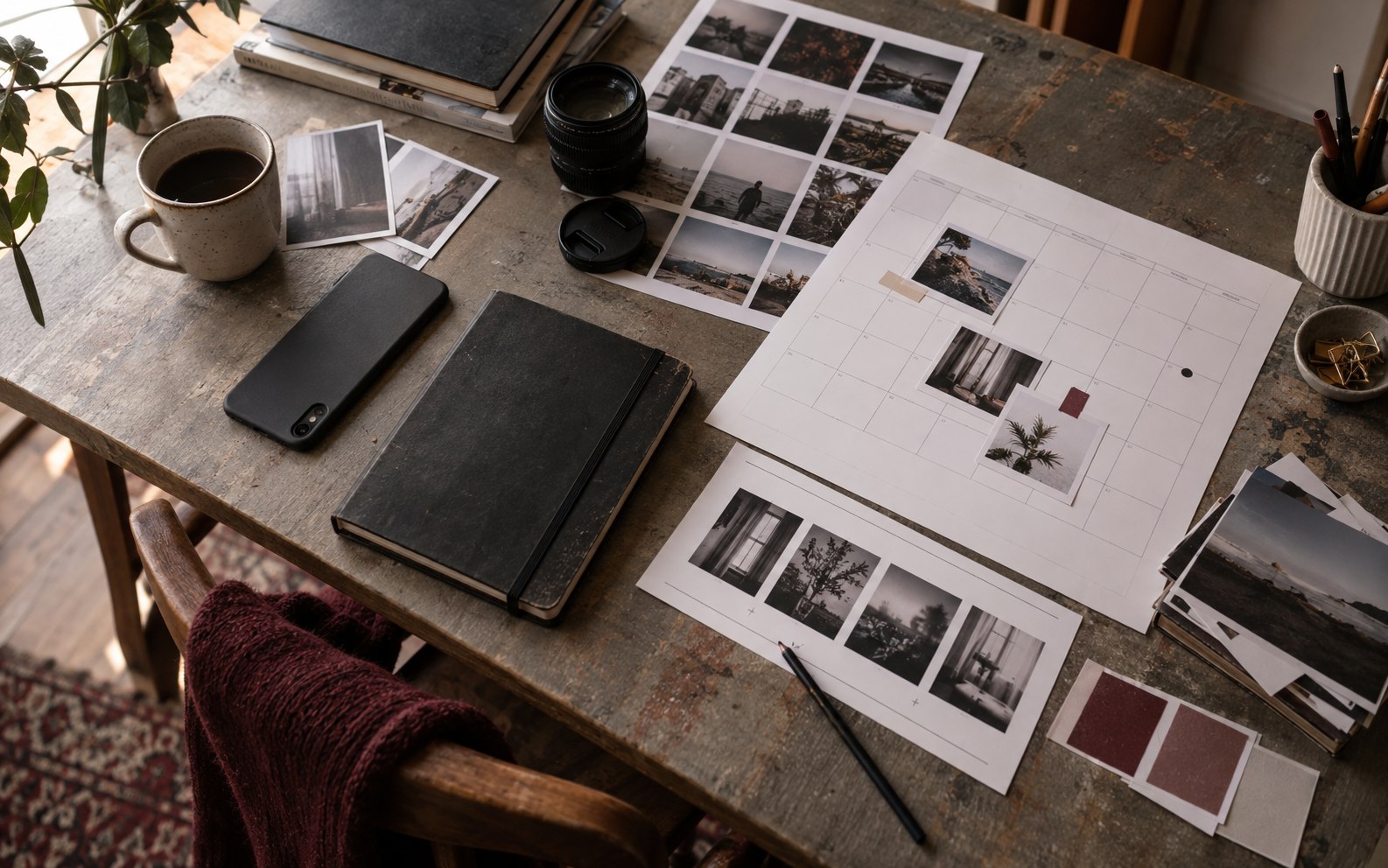Smartphone, editorial calendar and photo proofs on a work table