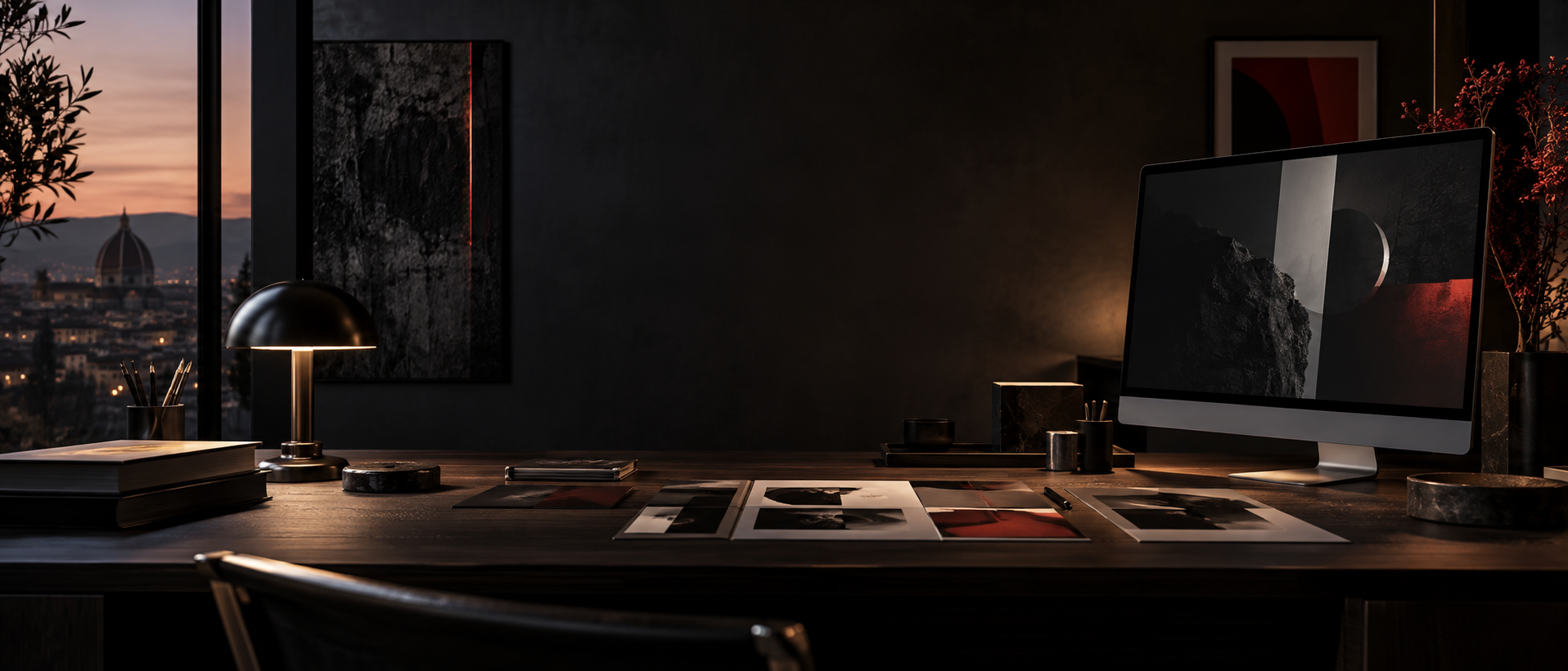 Workspace with a monitor showing a web composition in development