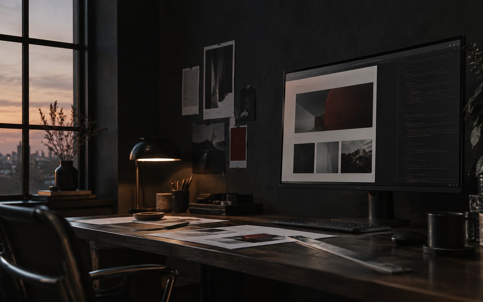 Workspace with a monitor showing a web composition in development