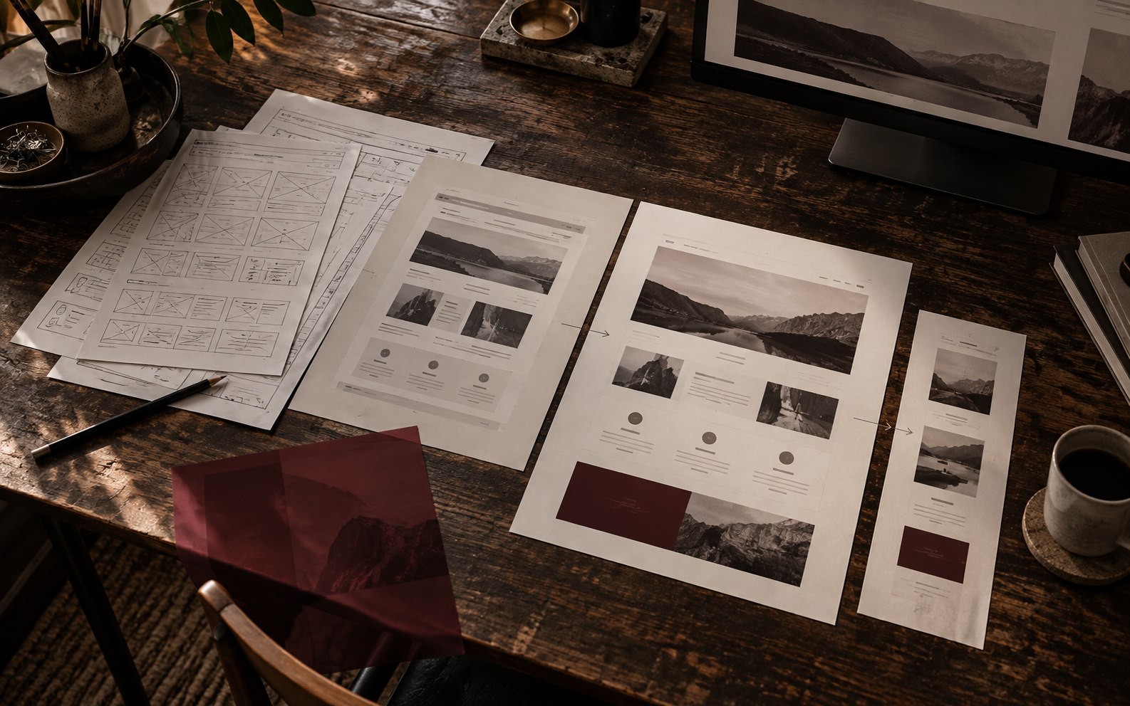 Printed layouts showing the move from wireframes to a redesigned web interface